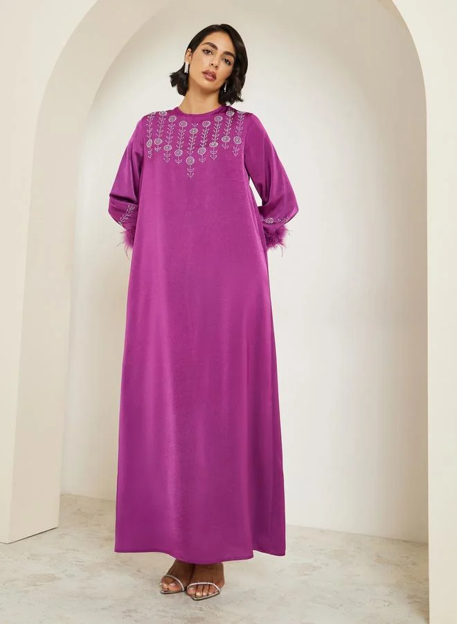 Amirah Women Embellished Jalabiya with Faux Feather Trim